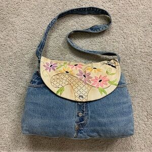 Hand Crafted Denim Blue Shoulder Bag with Cream Floral Embroidered Flap